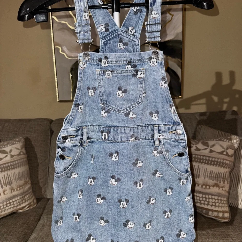 Disney Light Blue Denim Overall Dress with Mickey Print - Picture 1 of 5